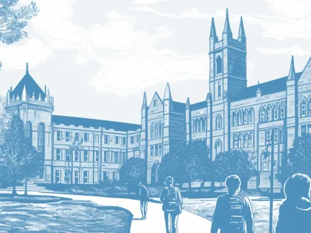 Blue-tinted illustration of a campus building with students walking on pathways.